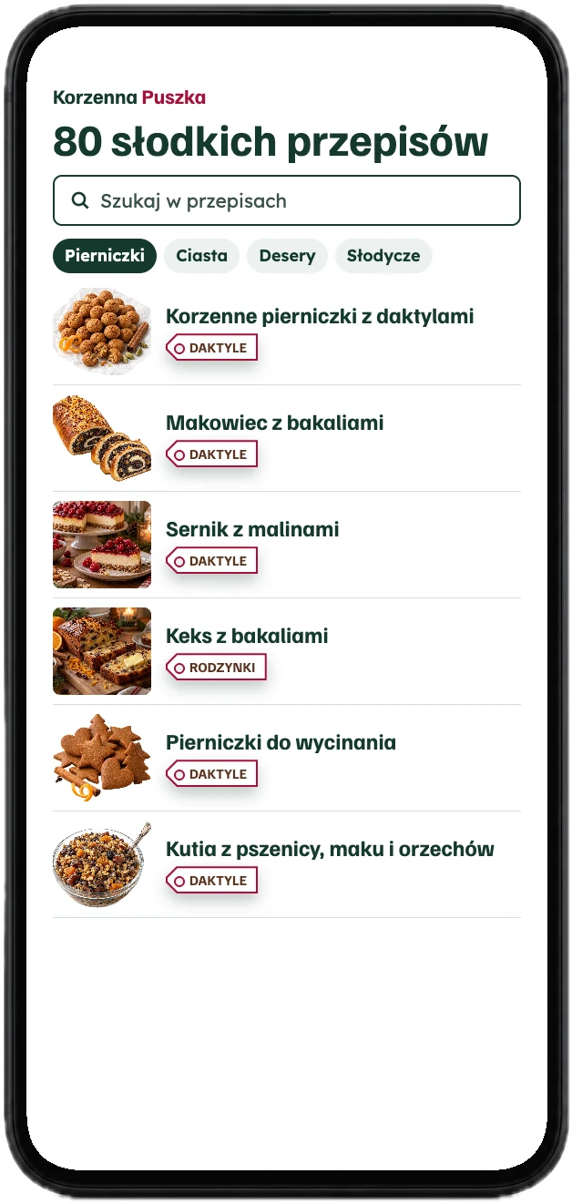 Aplikacja z przepisami podzielonymi na pierniczki, ciasta, desery i słodycze