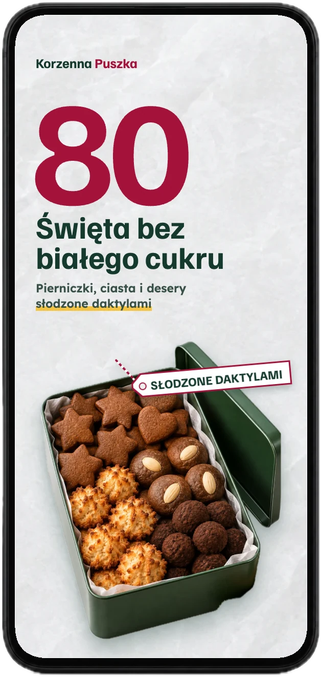 Okładka książki Święta bez białego cukru z 80 przepisami na ekranie telefonu
